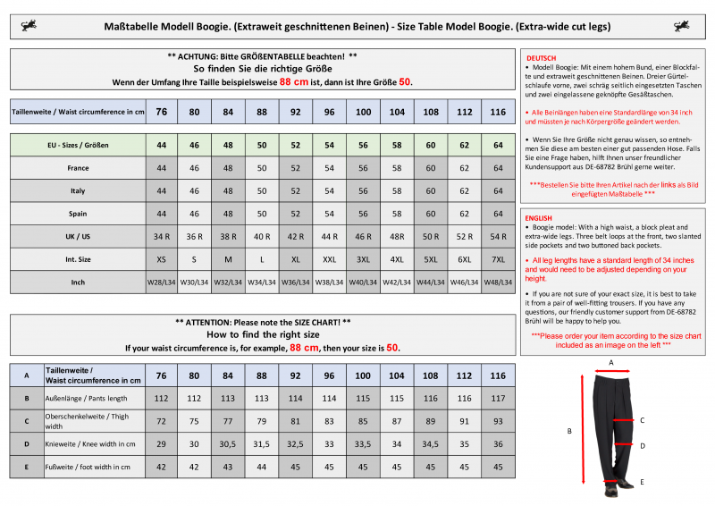 Pleated Pants Measurement Chart